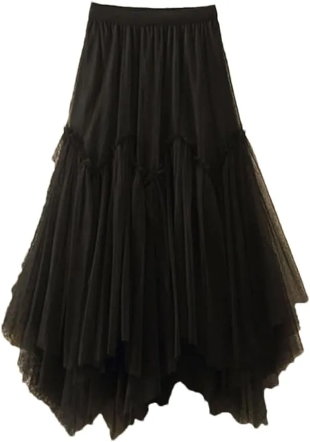 Tulle Long Skirt for Women Irregular Hem High Waist Pleated Mesh Midi Skirt Female