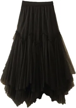 Tulle Long Skirt for Women Irregular Hem High Waist Pleated Mesh Midi Skirt Female