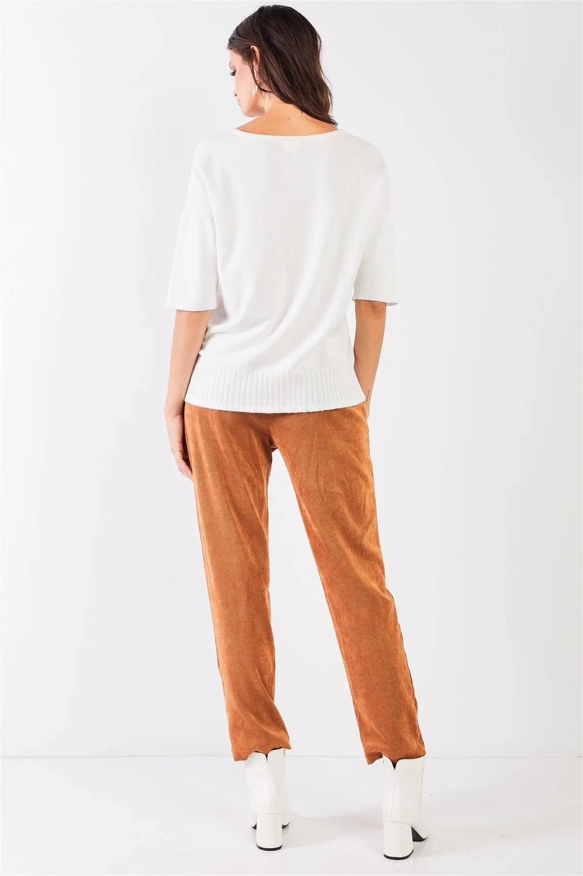 V-Neck Short Sleeve Loose Fit Rib Hem Knit Top