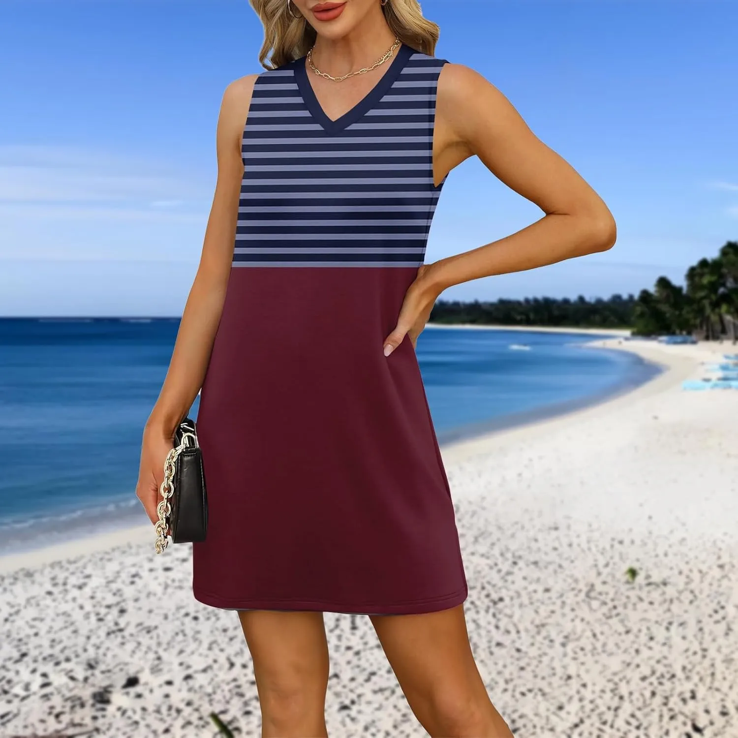 Vacation Dresses for Women 2025 Loose Summer Shift Sleeveless Sundresses Beach Coverup Floral/Striped/Bandana Print