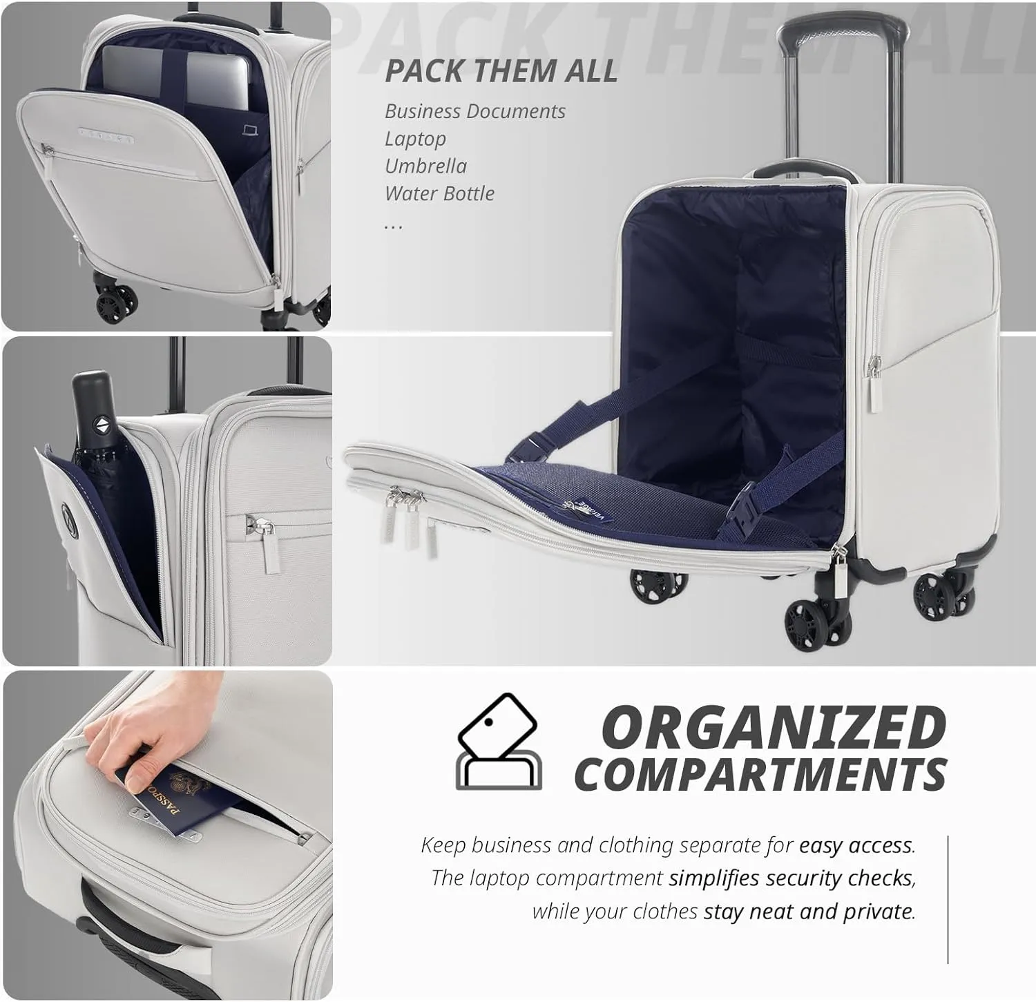 Verage Under Seat Luggage with Wheels, Softside Small Suitcase Spinner Carry On Luggage Bags for Airlines Airplanes Short Trip Men Women (Cloud Gray, 14.5-Inch Plus Underseat)