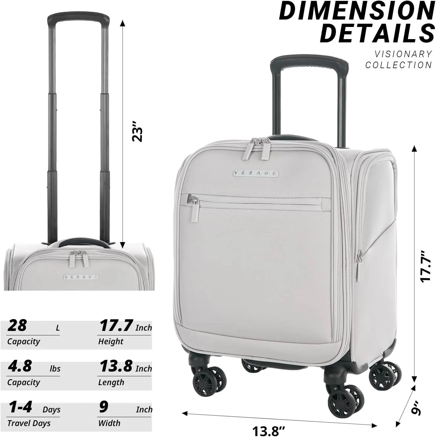 Verage Under Seat Luggage with Wheels, Softside Small Suitcase Spinner Carry On Luggage Bags for Airlines Airplanes Short Trip Men Women (Cloud Gray, 14.5-Inch Plus Underseat)