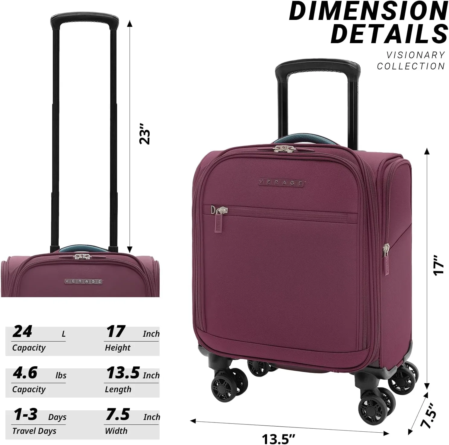 Verage Under Seat Luggage with Wheels, Softside Small Suitcase Spinner Carry On Luggage Bags for Airlines Airplanes Short Trip Men Women (Grape red, 14.5-Inch Plus Underseat)