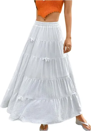 Verdusa Women's Bowknot Tiered Maxi Skirts Fairycore A Line Flowy Swing Skirt