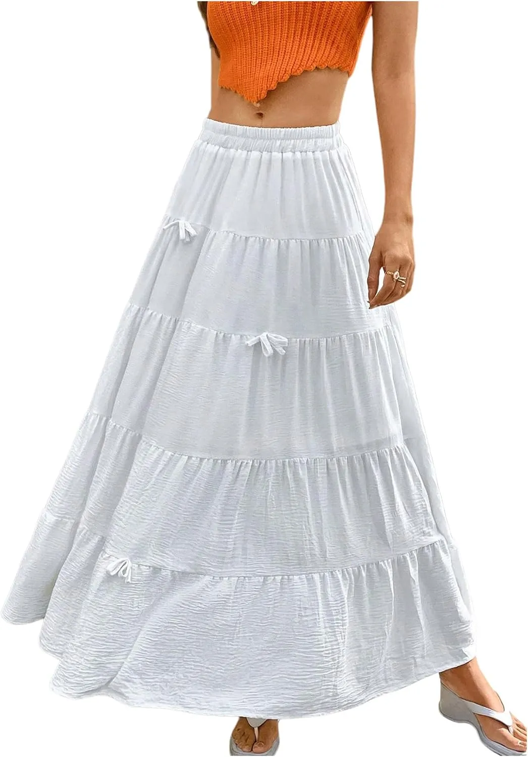 Verdusa Women's Bowknot Tiered Maxi Skirts Fairycore A Line Flowy Swing Skirt
