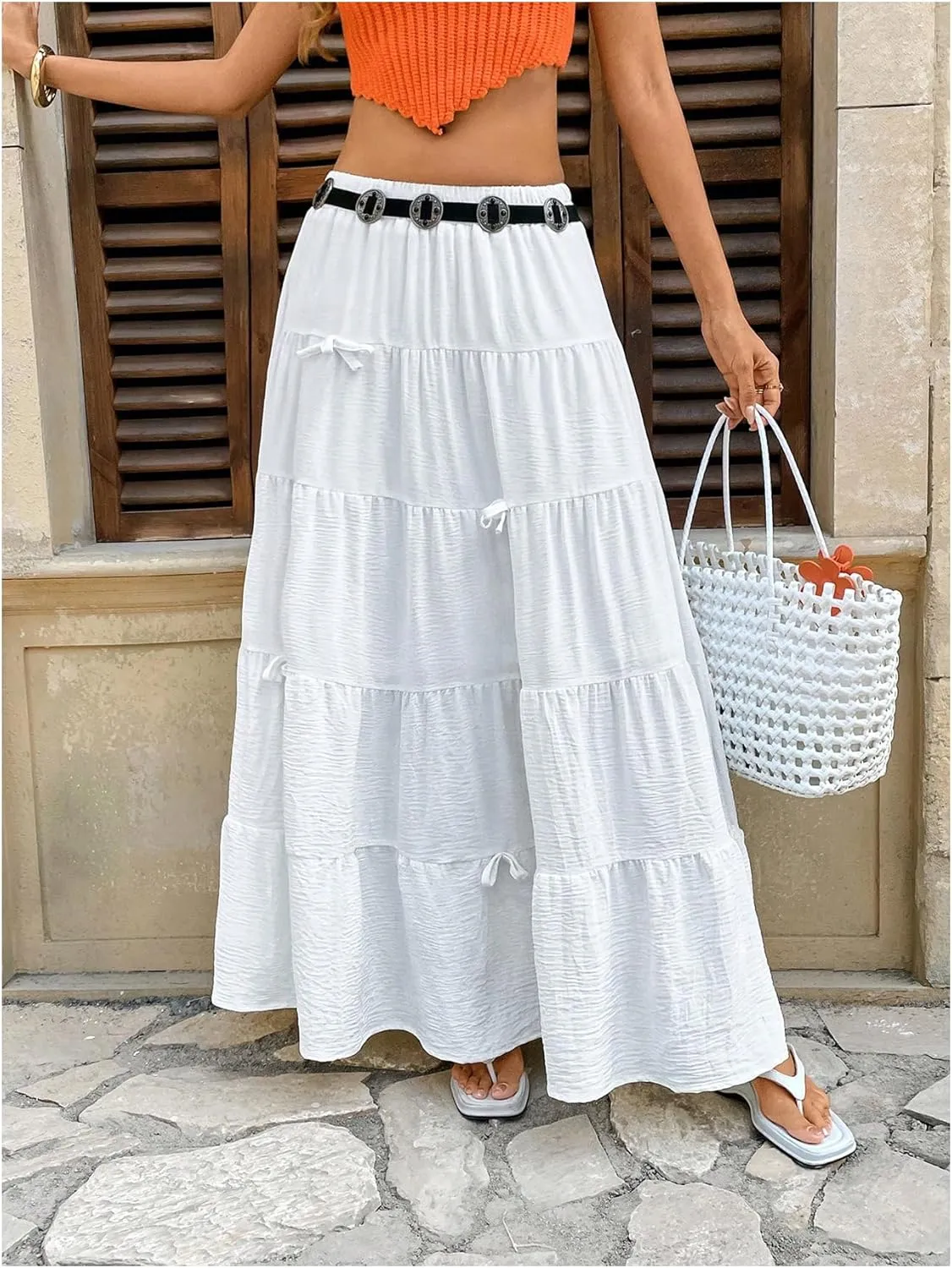 Verdusa Women's Bowknot Tiered Maxi Skirts Fairycore A Line Flowy Swing Skirt