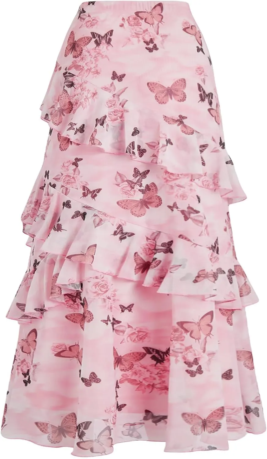 Verdusa Women's Floral Flowy Skirt Mesh Renaissance Layered Ruffle Boho Summer Cute Midi Skirts