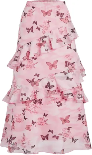 Verdusa Women's Floral Flowy Skirt Mesh Renaissance Layered Ruffle Boho Summer Cute Midi Skirts