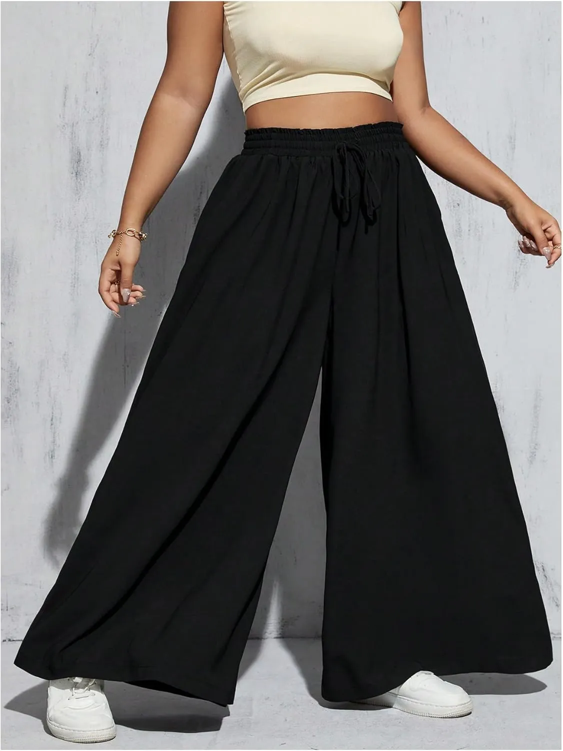 Verdusa Women's Plus Size Wide Leg Palazzo Pants Drawstring High Rise Baggy Pants with Pocket