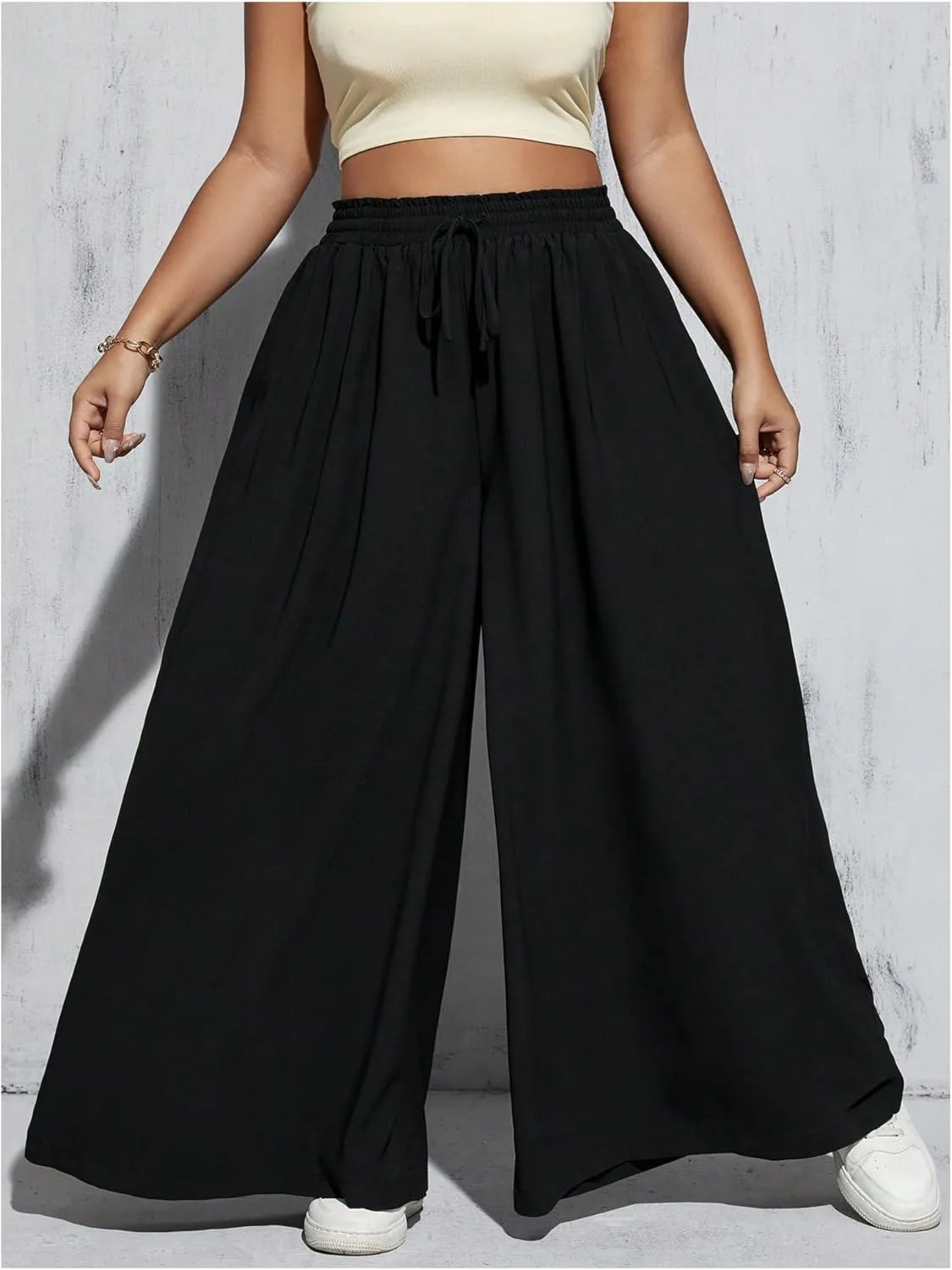 Verdusa Women's Plus Size Wide Leg Palazzo Pants Drawstring High Rise Baggy Pants with Pocket