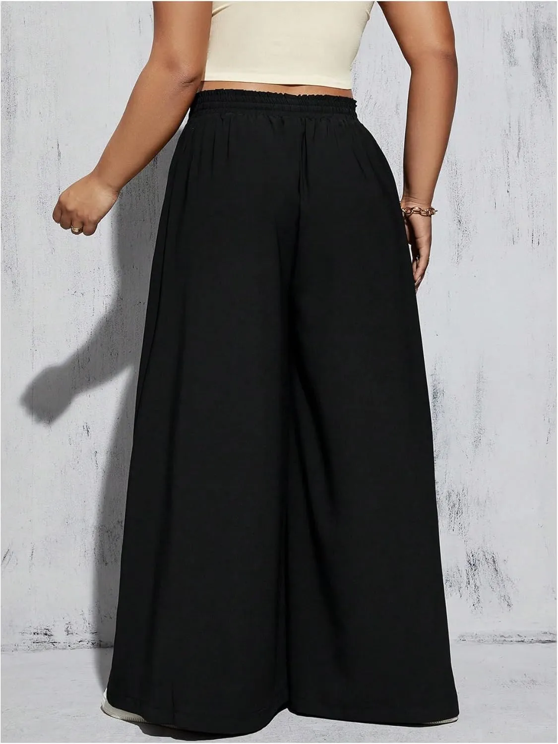 Verdusa Women's Plus Size Wide Leg Palazzo Pants Drawstring High Rise Baggy Pants with Pocket