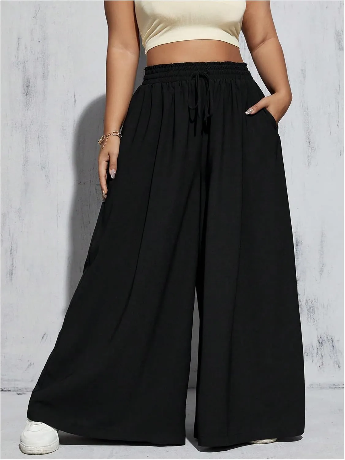 Verdusa Women's Plus Size Wide Leg Palazzo Pants Drawstring High Rise Baggy Pants with Pocket