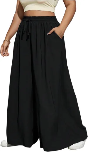 Verdusa Women's Plus Size Wide Leg Palazzo Pants Drawstring High Rise Baggy Pants with Pocket