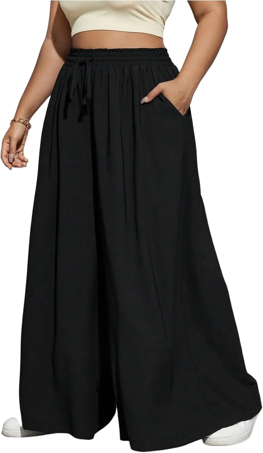 Verdusa Women's Plus Size Wide Leg Palazzo Pants Drawstring High Rise Baggy Pants with Pocket