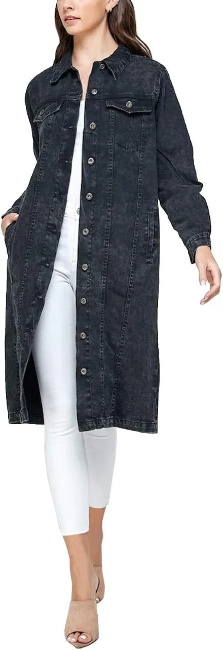 vkwear Women's Long Casual Maxi Length Denim Cotton Coat Oversize Button Up Jean Jacket