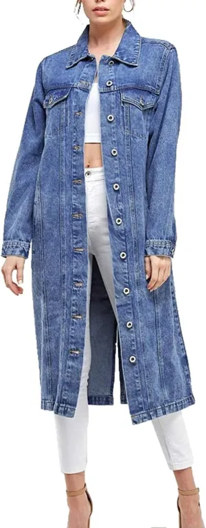vkwear Women's Long Casual Maxi Length Denim Cotton Coat Oversize Button Up Jean Jacket
