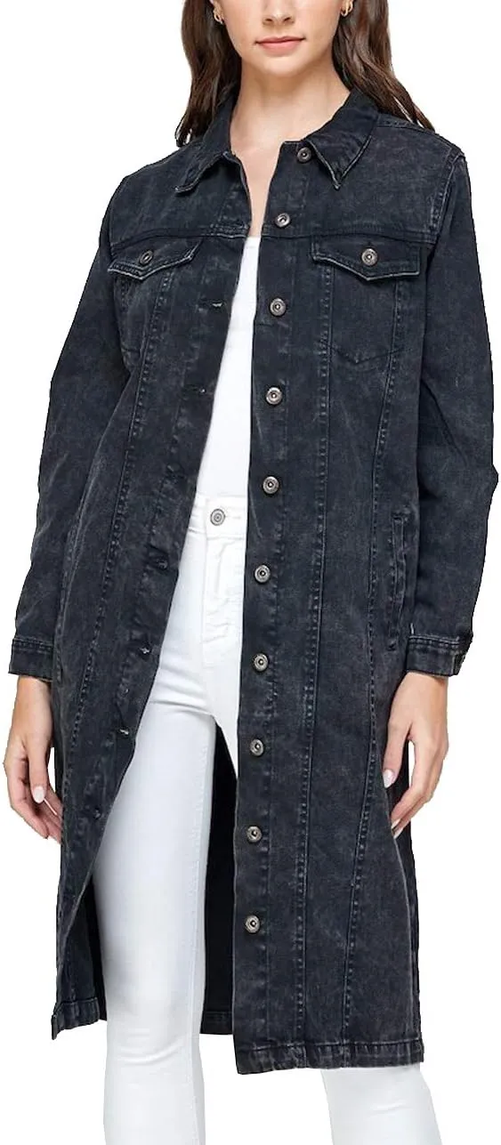 vkwear Women's Long Casual Maxi Length Denim Cotton Coat Oversize Button Up Jean Jacket
