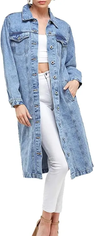vkwear Women's Long Casual Maxi Length Denim Cotton Coat Oversize Button Up Jean Jacket