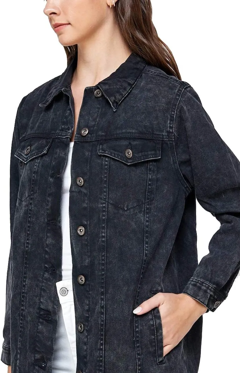vkwear Women's Long Casual Maxi Length Denim Cotton Coat Oversize Button Up Jean Jacket