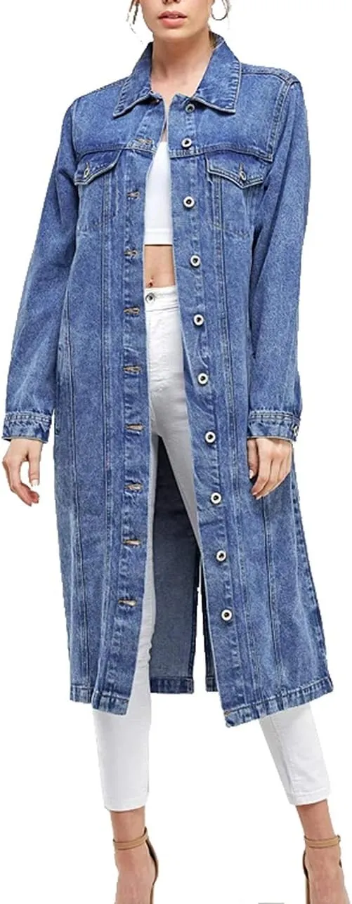 vkwear Women's Long Casual Maxi Length Denim Cotton Coat Oversize Button Up Jean Jacket