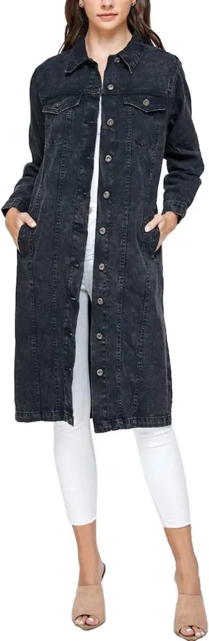vkwear Women's Long Casual Maxi Length Denim Cotton Coat Oversize Button Up Jean Jacket