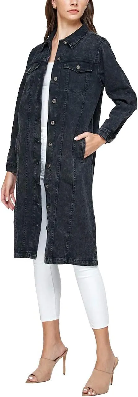 vkwear Women's Long Casual Maxi Length Denim Cotton Coat Oversize Button Up Jean Jacket