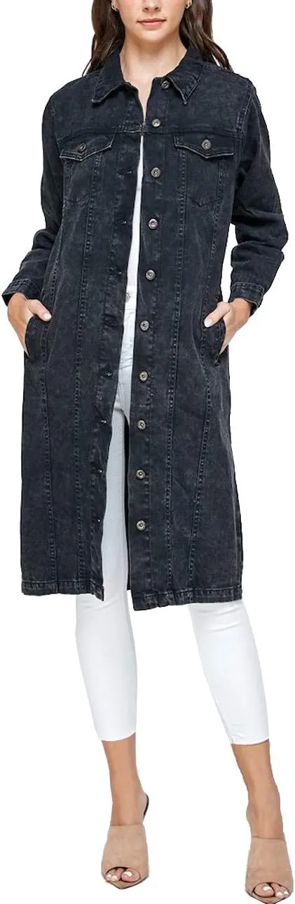vkwear Women's Long Casual Maxi Length Denim Cotton Coat Oversize Button Up Jean Jacket
