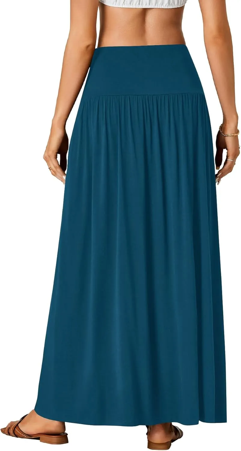 Vrtige Women's Casual Elastic High Waist Flowy A-line Pleated Long Maxi Skirt with Pockets