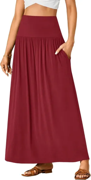 Vrtige Women's Casual Elastic High Waist Flowy A-line Pleated Long Maxi Skirt with Pockets