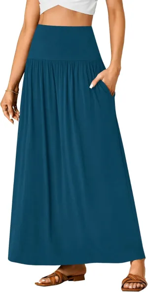 Vrtige Women's Casual Elastic High Waist Flowy A-line Pleated Long Maxi Skirt with Pockets