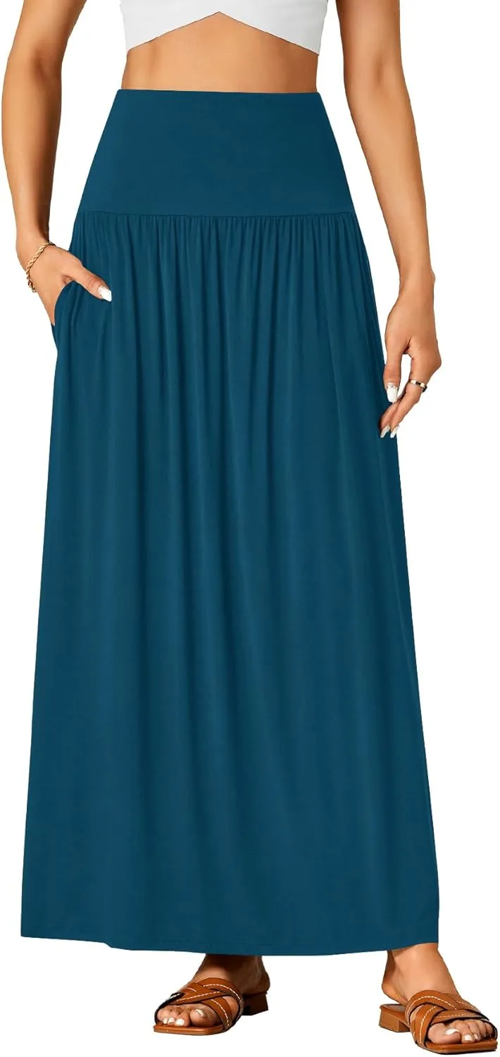 Vrtige Women's Casual Elastic High Waist Flowy A-line Pleated Long Maxi Skirt with Pockets