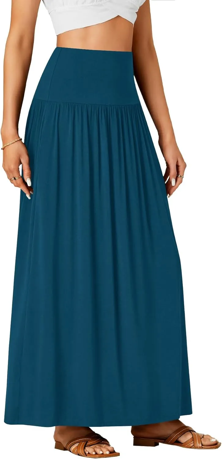 Vrtige Women's Casual Elastic High Waist Flowy A-line Pleated Long Maxi Skirt with Pockets