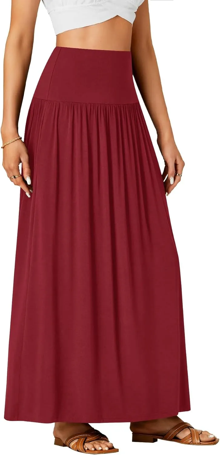 Vrtige Women's Casual Elastic High Waist Flowy A-line Pleated Long Maxi Skirt with Pockets