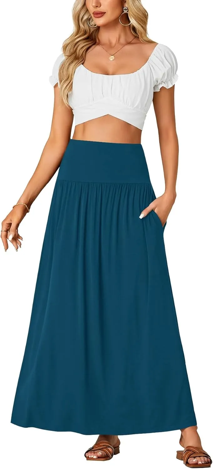 Vrtige Women's Casual Elastic High Waist Flowy A-line Pleated Long Maxi Skirt with Pockets