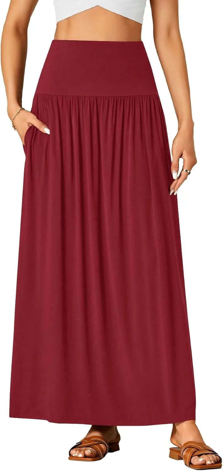 Vrtige Women's Casual Elastic High Waist Flowy A-line Pleated Long Maxi Skirt with Pockets