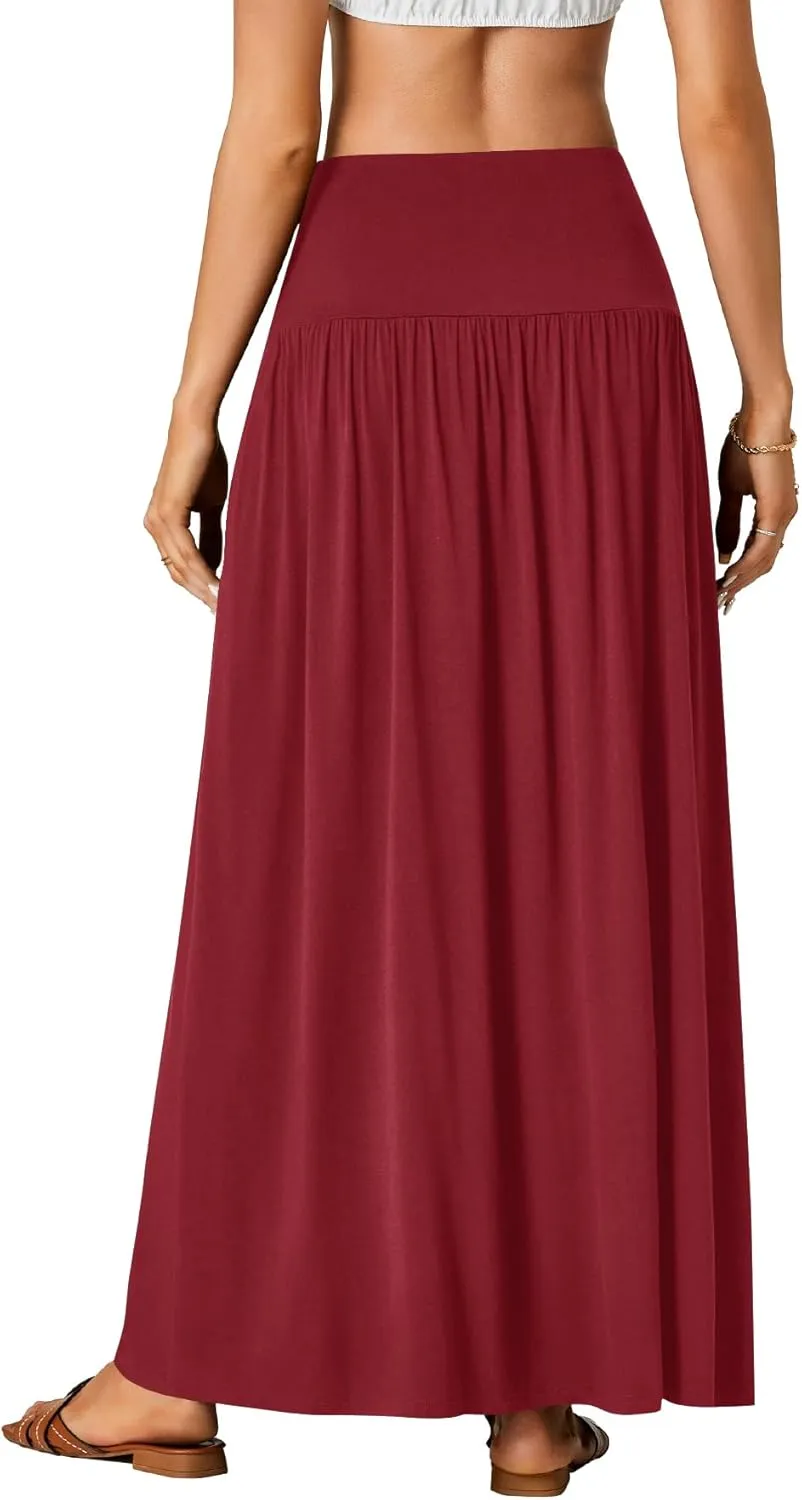 Vrtige Women's Casual Elastic High Waist Flowy A-line Pleated Long Maxi Skirt with Pockets