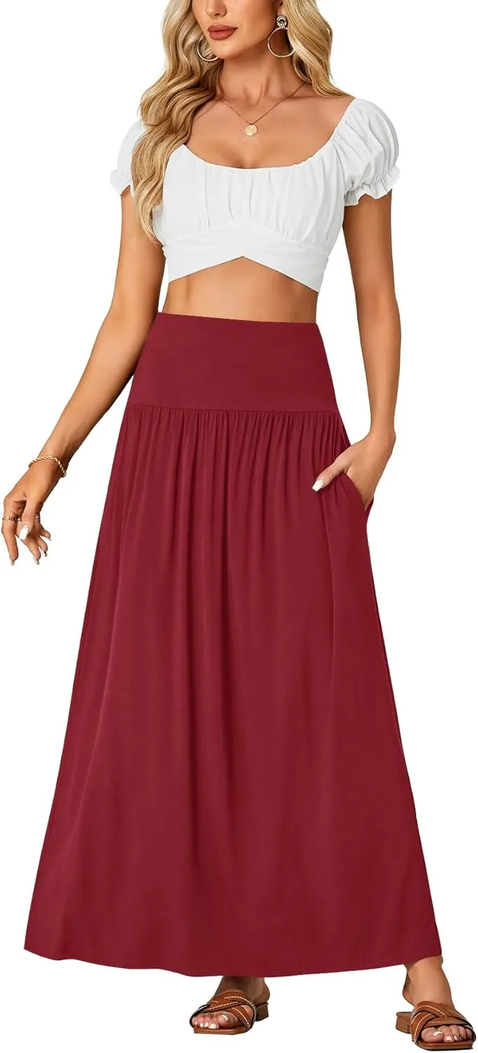 Vrtige Women's Casual Elastic High Waist Flowy A-line Pleated Long Maxi Skirt with Pockets