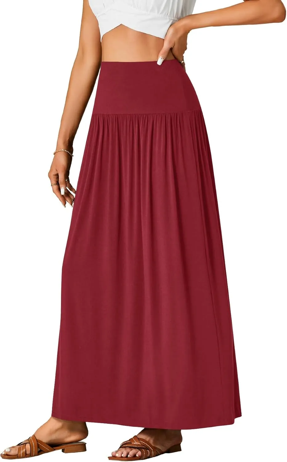 Vrtige Women's Casual Elastic High Waist Flowy A-line Pleated Long Maxi Skirt with Pockets
