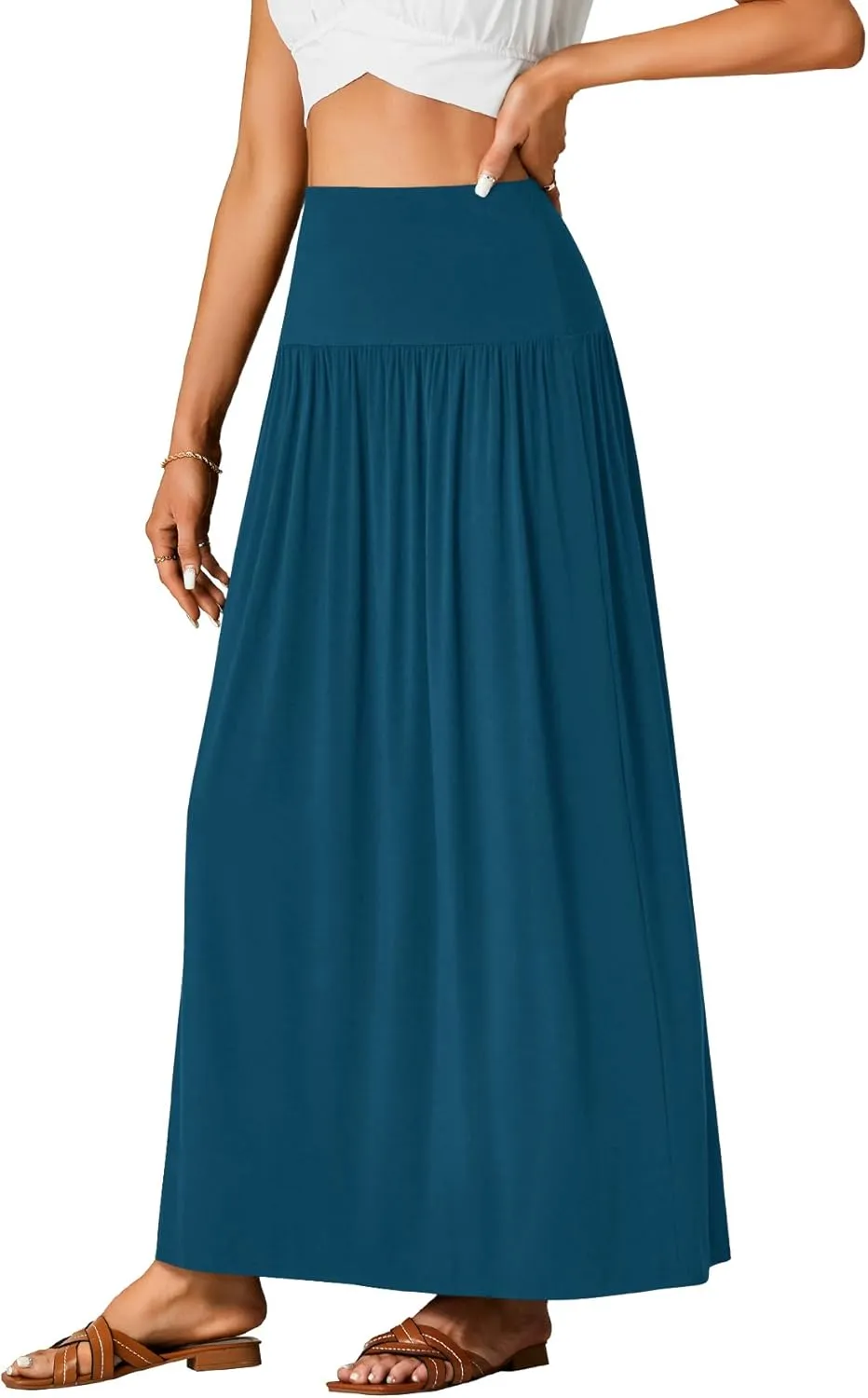 Vrtige Women's Casual Elastic High Waist Flowy A-line Pleated Long Maxi Skirt with Pockets