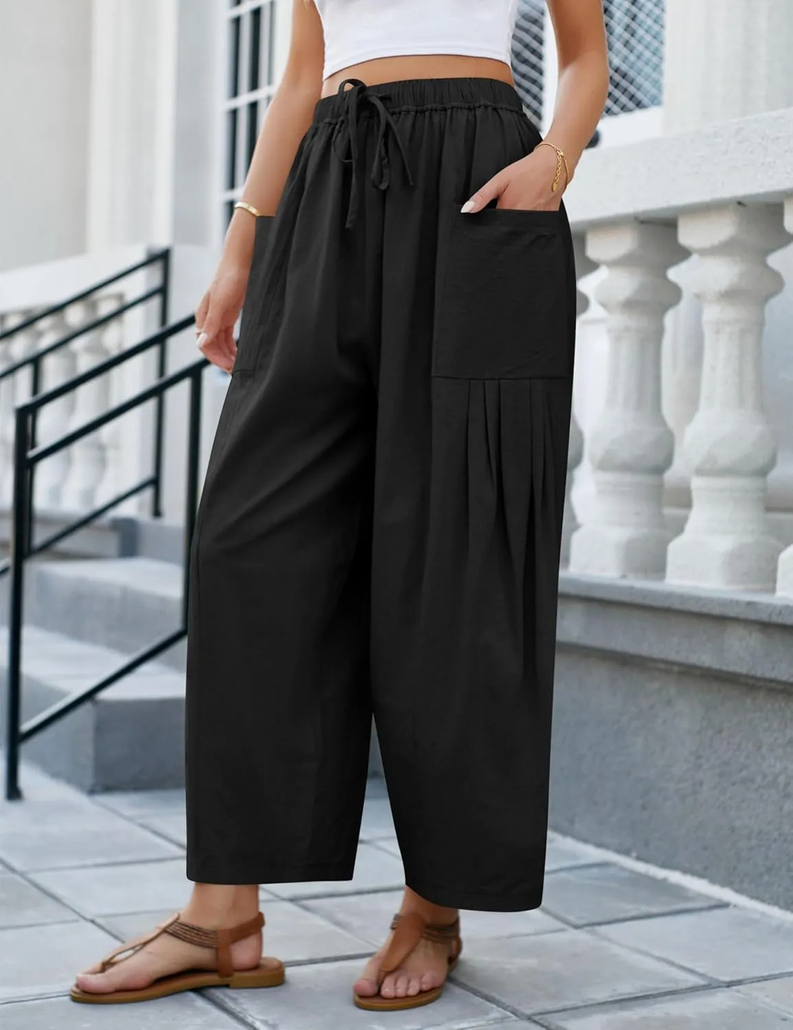 Wanzetaly Womens Linen Wide Leg Pants Casual Elastic Drawstring Waist Trousers Beach Palazzo Harem Pants with Pockets