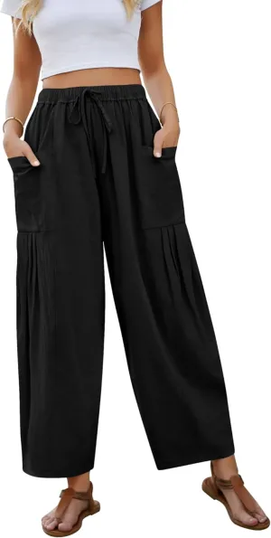 Wanzetaly Womens Linen Wide Leg Pants Casual Elastic Drawstring Waist Trousers Beach Palazzo Harem Pants with Pockets