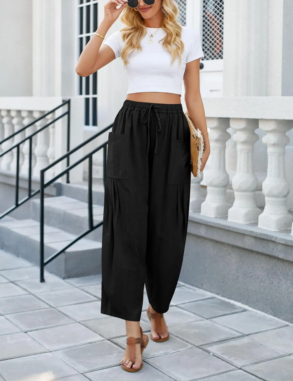 Wanzetaly Womens Linen Wide Leg Pants Casual Elastic Drawstring Waist Trousers Beach Palazzo Harem Pants with Pockets