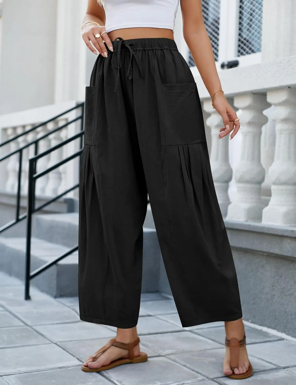 Wanzetaly Womens Linen Wide Leg Pants Casual Elastic Drawstring Waist Trousers Beach Palazzo Harem Pants with Pockets