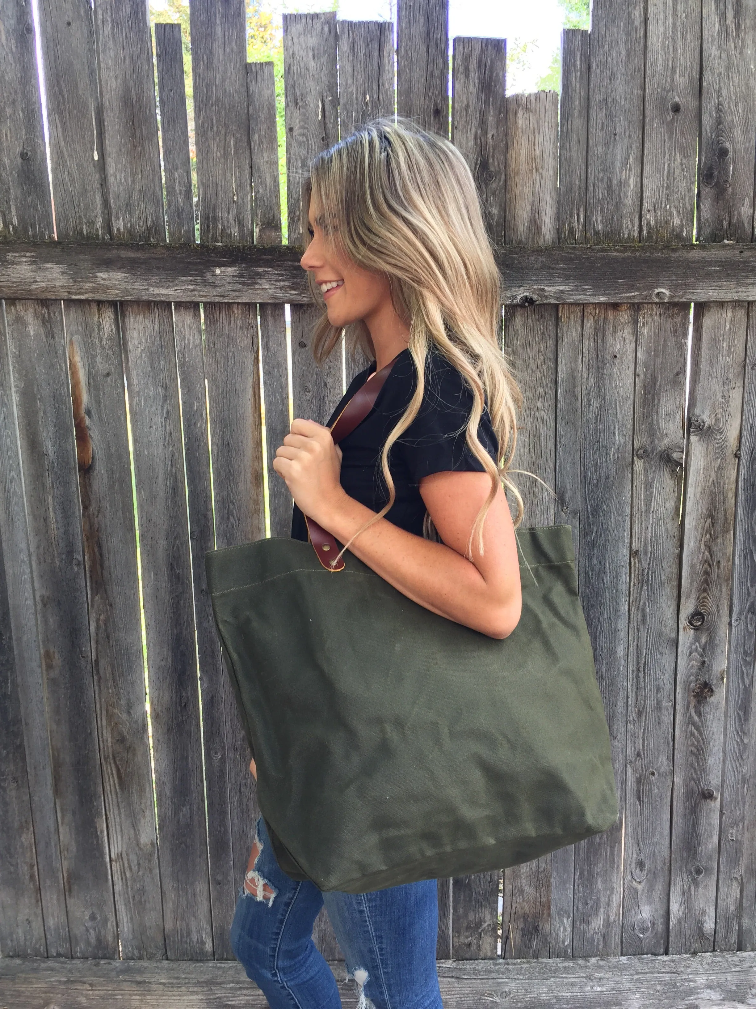 Waxed Canvas Tote Bag with Leather Handles- Navy Green Luma Vintage Collection