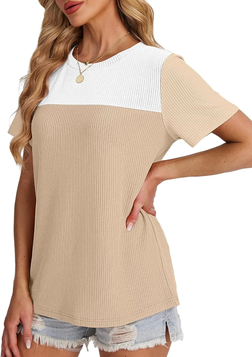 WIHOLL Womens Fashion 2025 Color Block Shirts Short Sleeve Crewneck Knitted Spring Summer Tops Casual Trendy