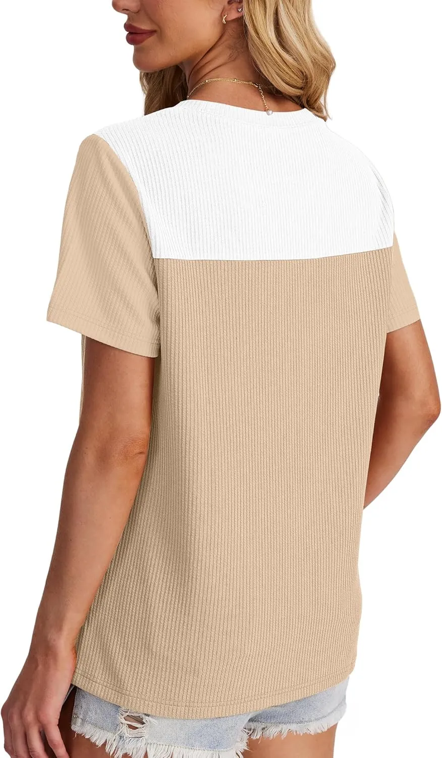 WIHOLL Womens Fashion 2025 Color Block Shirts Short Sleeve Crewneck Knitted Spring Summer Tops Casual Trendy