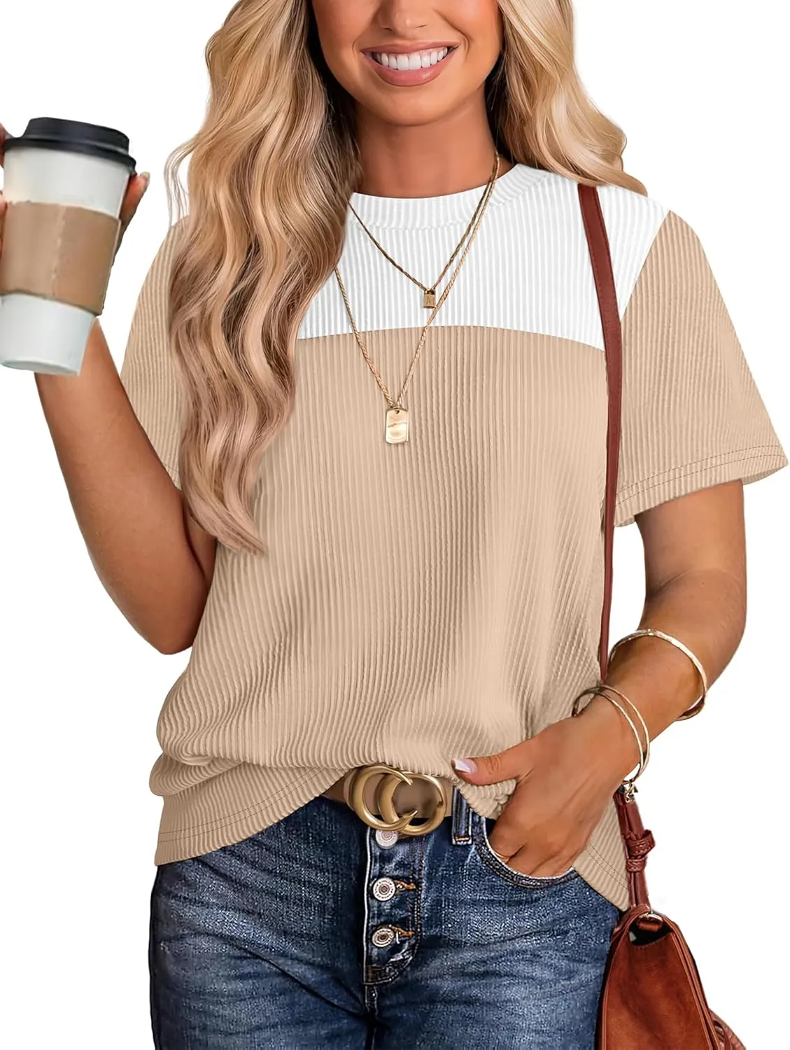 WIHOLL Womens Fashion 2025 Color Block Shirts Short Sleeve Crewneck Knitted Spring Summer Tops Casual Trendy