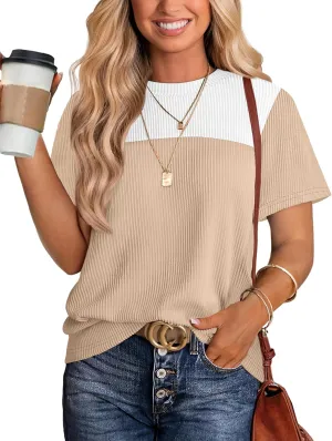 WIHOLL Womens Fashion 2025 Color Block Shirts Short Sleeve Crewneck Knitted Spring Summer Tops Casual Trendy