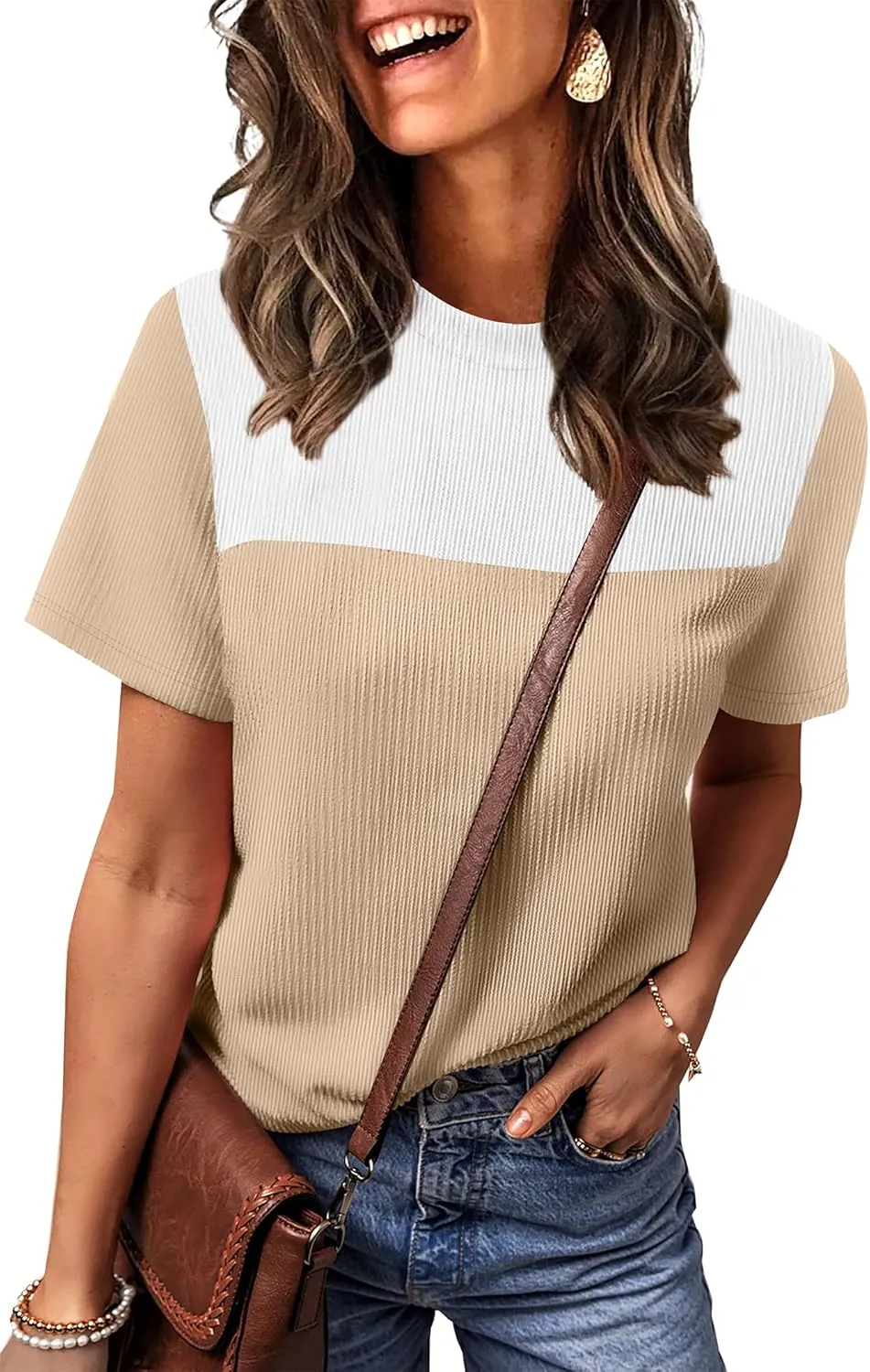 WIHOLL Womens Fashion 2025 Color Block Shirts Short Sleeve Crewneck Knitted Spring Summer Tops Casual Trendy