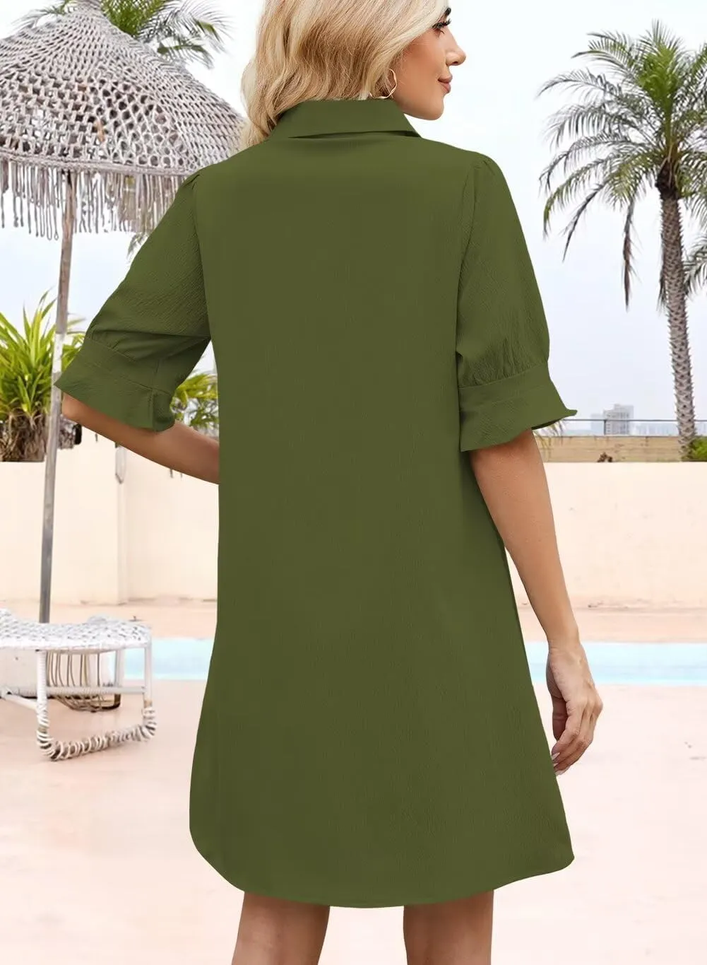 Wkior Women's Casual Shirt Dress Button Down Ruffle Sleeve Shift Summer Mini Dresses with Pockets